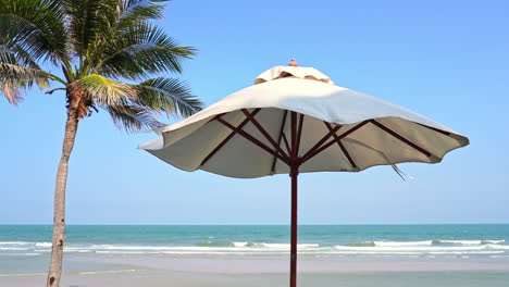 Ein-Sonnenschirm-Am-Strand,-Der-Unter-Leichtem-Wind-Vom-Meer-Zittert-Und-Tagsüber-Neben-Der-Kokospalme-Steht