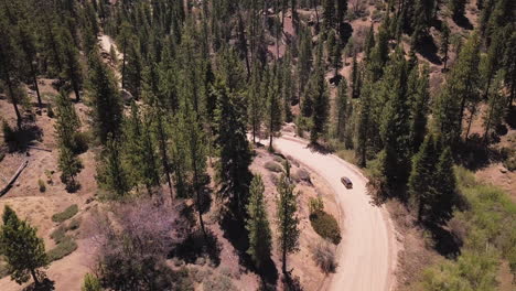 Aerial-view-of-a-car-driving-on-dirt-road-in-the-forest