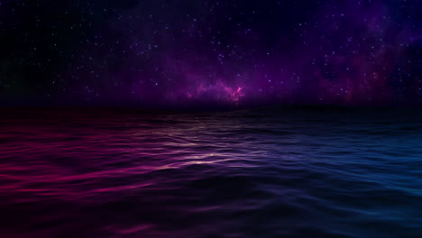 Schöner-Ozean-Unter-Blauen-Und-Roten-Reflexionen-Des-Nachthimmels-Mit-Sternschnuppenschleife-4k
