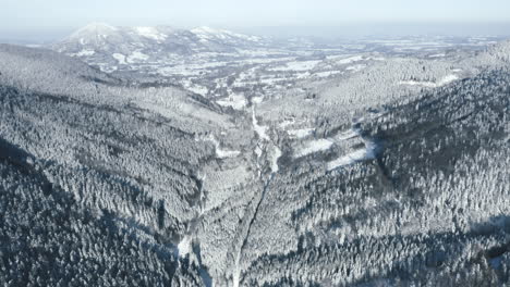 Aerial-Shot-Of-Breathtaking-Winter-Wonderland-Landscape,-Alpine-Mountains-And-Forest-Snow-Covered