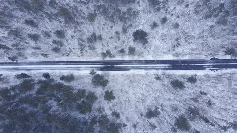 Aerial-Top-Down-View-Of-Snowy-Road-Between-Trees-During-Winter-Season---aerial-drone-shot