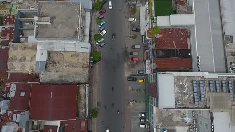Top-view-of-busy-street-in-Mataram-City-on-Lombok-Island,-Indonesia