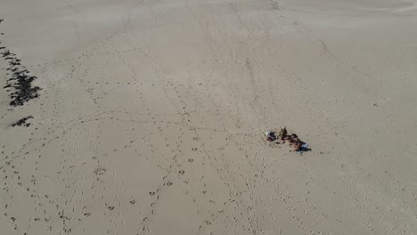 4K-Three-friends-sitting-on-paradise-deserted-beach-aerial-shot
