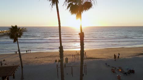 Aerial-approach-of-San-Clemente-Pier-and-people-through-palm-trees-over-beach-at-sunset,-USA