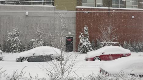 Wide-shot-of-Parking-cars-Thickly-Covered-With-Fresh-Snow-During-Heavy-Snowfall-Day-in-Tacoma,Usa