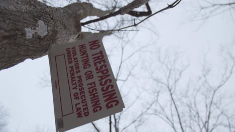 No-Trespassing,-Hunting-or-Fishing-Sign-on-Tree-Artistic-Angle