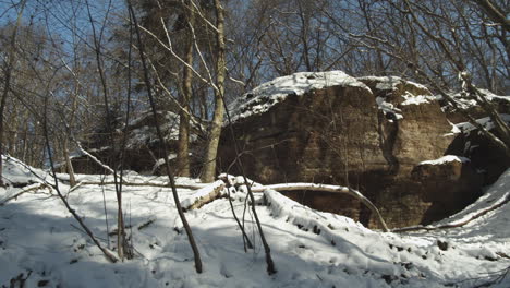 Sideways-dolly-through-snowy-forest-with-sandstone-rocks-in-Kokorin,-Czech-Republic