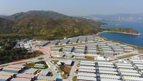 Covid19-Quarantine-compound-buildings-in-the-outskirts-of-Hong-Kong,-Aerial-view