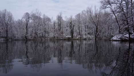 Calm-cold-water-of-lake-reflecting-snowy-landscape-with-trees-covered-in-white-snow