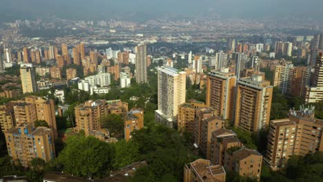 Fixed-Aerial-View-of-Brick-Apartment-Buildings-in-Medellin,-Colombia