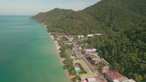 Aerial-shot-of-tropical-island-Koh-Chang-in-Thailand-with-beach-and-hotels