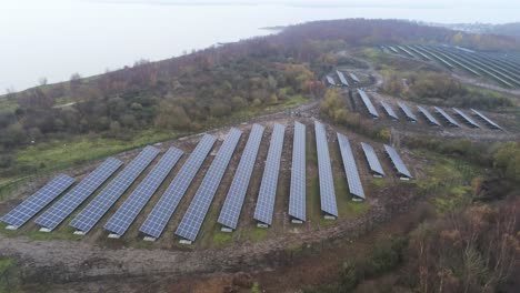 Solar-panel-array-rows-aerial-view-misty-autumn-woodland-countryside-slow-tilt-up-descend