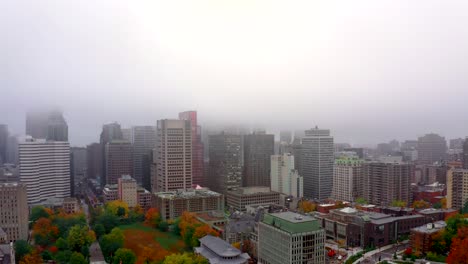 Aerial-shot-of-downtown-Montreal-on-a-misty-autumn-morning