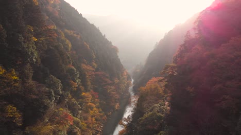 High-up-aerial-drone-over-beautiful-bright-and-sunny-valley-with-river-in-fall