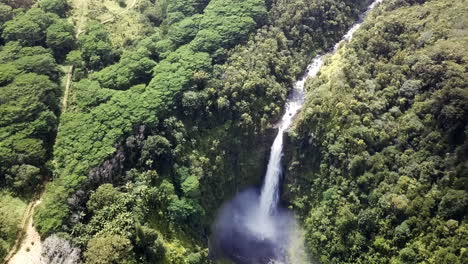 Sped-up-pull-back-reveal-aerial-view-of-stunning-Akaka-Falls,-Hawaii