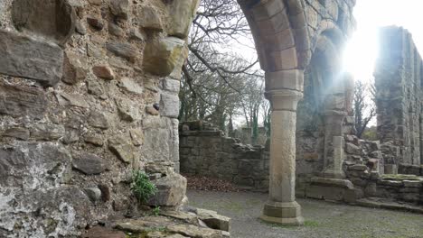 Ancient-Basingwerk-abbey-abandoned-historical-landmark-arched-ruins-building-stone-walls-dolly-right