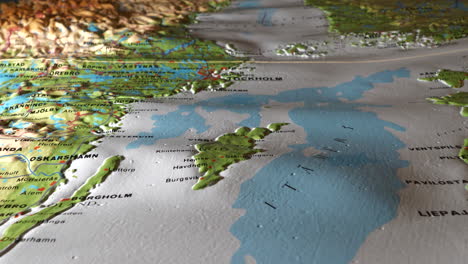 Baltic-sea-and-Swedish-east-coast-on-terrain-map,-close-up-orbit-shot