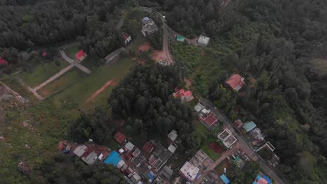 Aerial-view-over-a-remote-neighborhood-surrounded-by-fresh-green-forest-natural-environment,-conservation-concept