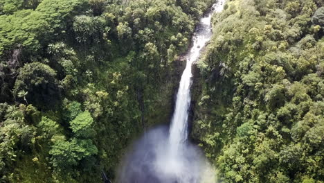 Rising-pull-back-reveal-of-stunning-Akaka-Falls-waterfall,-Hawaii