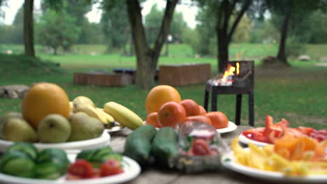 Fresh-fruits-and-vegetables-with-fire-barbeque-in-backround