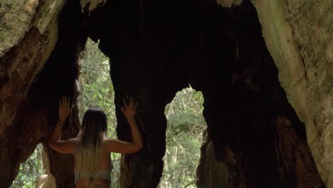 Woman-Touching-Hollow-Of-Wishing-Tree---Gold-Coast-Hinterland,-Queensland---tilt-down-reveal