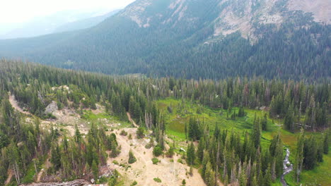 Aerial-Drone-Footage-of-a-Thick-Green-Pine-Tree-Forest-in-Nederland-Colorado-during-Summer-in-the-Rocky-Mountains-by-Clear-Blue-Lake-and-Creek-Water