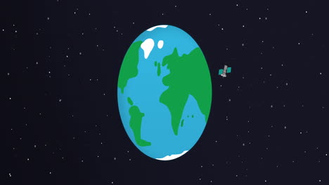 Planeta-Tierra-Con-Animación-De-Satélites,-Lindo-Dibujo-Animado-Zoom-De-La-Tierra