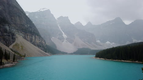 Surreal-Turquoise-Blue-water-of-Moraine-Lake-on-a-cloudy-day-in-Alberta,-Canada--Slow-panning-shot