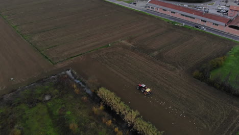 Aerial-view-of-red-tractor-is-plowing-ground-on-cultivated-farm-field,-preparing-soil-for-planting-new-crop