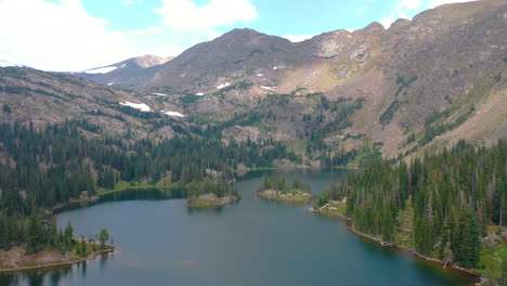 Aerial-Drone-Footage-of-Beautiful-Mountain-Lake-View-in-Nederland-Colorado-Surrounded-by-Lush-Pine-Tree-Forest-during-Summer-in-the-Rocky-Mountains-with-Clear-Blue-Water