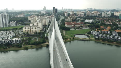 Rotating-aerial-shot-of-Seri-Wawasan-Bridge-in-Putrajaya,-Malaysia