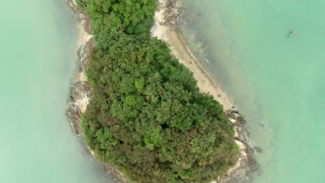 Hong-Kong-bay,-with-a-strip-of-sand-connecting-small-natural-islands,-Aerial-view