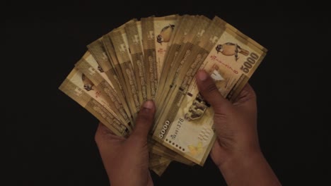 Zählgeldansicht-Von-Oben,-Gelbe-5000-Rupien-Noten,-Die-Von-Den-Weiblichen-Händen-Gehalten-Werden,-Dunkler-Hintergrund