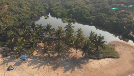 Arambol-Sweet-Water-lake-oasis-near-Arambol-Beach-in-Goa,-India---Aerial-Fly-way-Reveal-shot