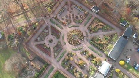Aerial-Top-Down-View-of-Symmetrical-Botanic-English-Garden,-Autumn-Day