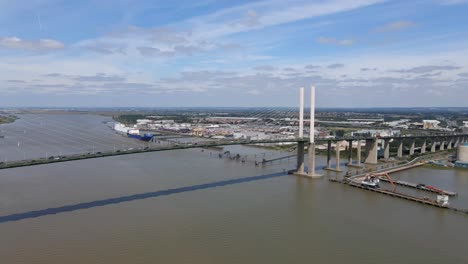 Queen-Elizabeth-II-Bridge-at-Dartford-Crossing-over-River-Thames,-Aerial