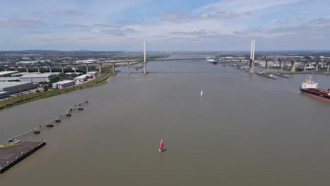 River-Thames-with-Queen-Elizabeth-II-Bridge-at-Dartford-Crossing,-Aerial