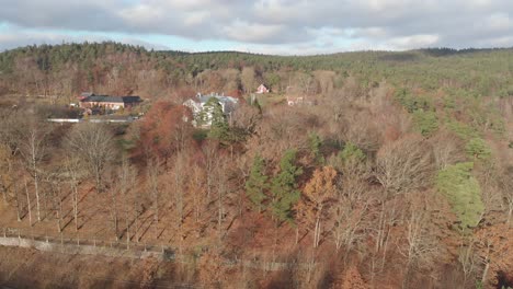 Drone-flying-over-autumn-forest-scene-to-reveal-country-houses