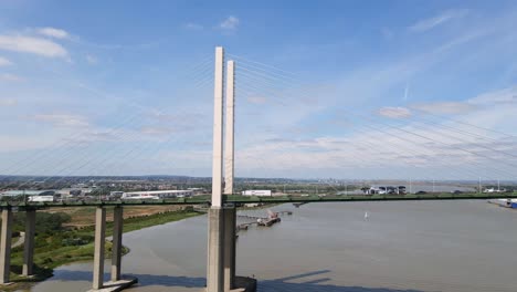 Cable-Stayed-Queen-Elizabeth-II-Transportation-Bridge-in-UK,-Aerial