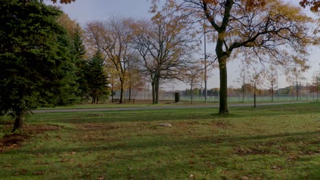 Drohne-Fliegt-Durch-Bäume-Und-Erhebt-Sich-An-Einem-Sonnigen-Morgen-Und-Enthüllt-Ein-Fußballfeld-Und-Ein-Baseballfeld-In-Einem-öffentlichen-Park-In-Montreal