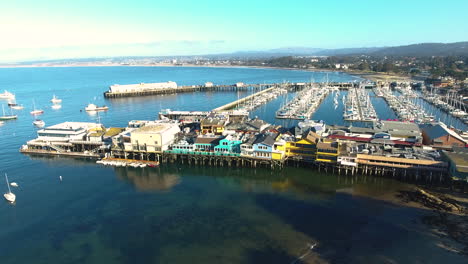 Aerial-Drone-view-of-Monterey-Wharf-California-with-the-ocean-shot-in-4k-high-resolution