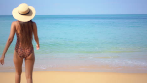 Back-view-of-young-woman-walking-on-beach-raising-arms-and-looking-at-horizon