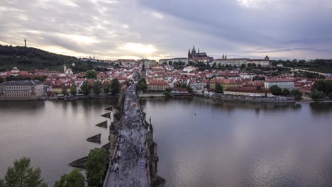 Day-to-night-sunset-timelapse-from-Prague,-Czech-Republic-from-Old-Town-Bridge-Tower-with-a-view-of-Prague-Castle,-Charles-Bridge-along-with-Malá-Strana-and-Hradčany-acorss-the-Vltava-river