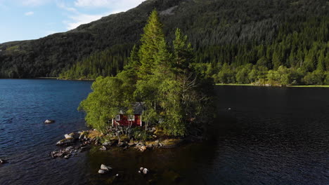 Aerial-view-of-a-little-island-in-a-lake-in-Norway-4K