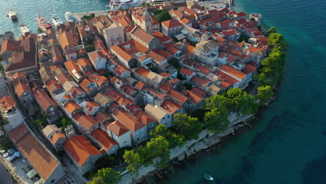 Korčula-old-town-on-Croatian-coastline,-summer-aerial-view