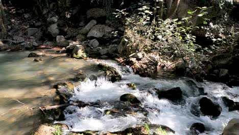 Panning-down-a-blue-water-brook-that-turns-into-a-beautiful-cascading-water-fall-down-the-hill-side-surrounded-by-vegetation-and-rocks