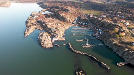 Cinematic-Aerial-of-Sweden-West-Coast-Harbor-and-Quaint-Nordic-Town