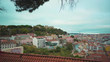 Lisbon-hill-viewpoint-through-fences-to-castle,-tagus-river-bridge-and-downtown-ancient-city-roofs