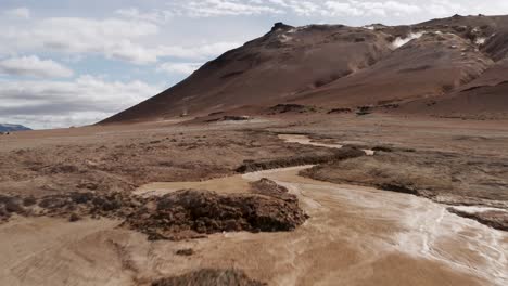 Scenic-wasteland-with-dry-surface-and-distant-volcanic-hot-spring-emitting-gas