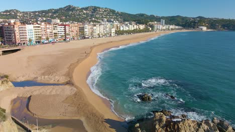 Lloret-De-Mar-Mediterranean-Beach-Paradisiaca-Turquoise-Blue-Waters-No-People-Aerial-View-Drone-Spain-Catalunya-Costa-Brava-Blanes-Mallorca-Balearic-Islands